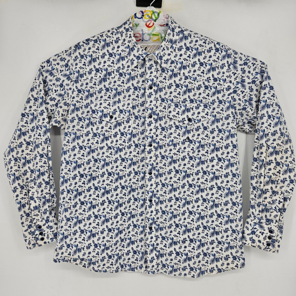 Old West Shirt Mens XL Original Western Pearl Snap Blue White Floral Rodeo